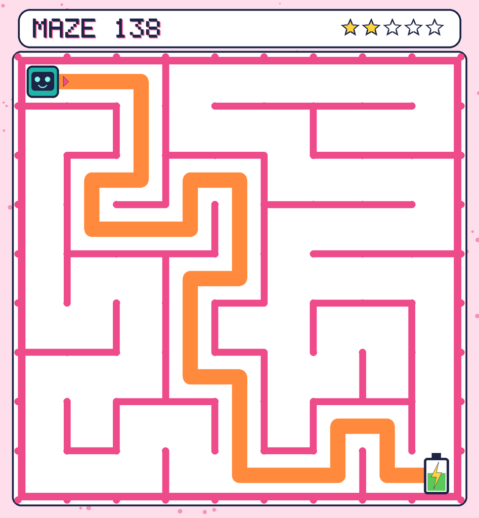 The solved maze 138 with the route drawn as an orange line.