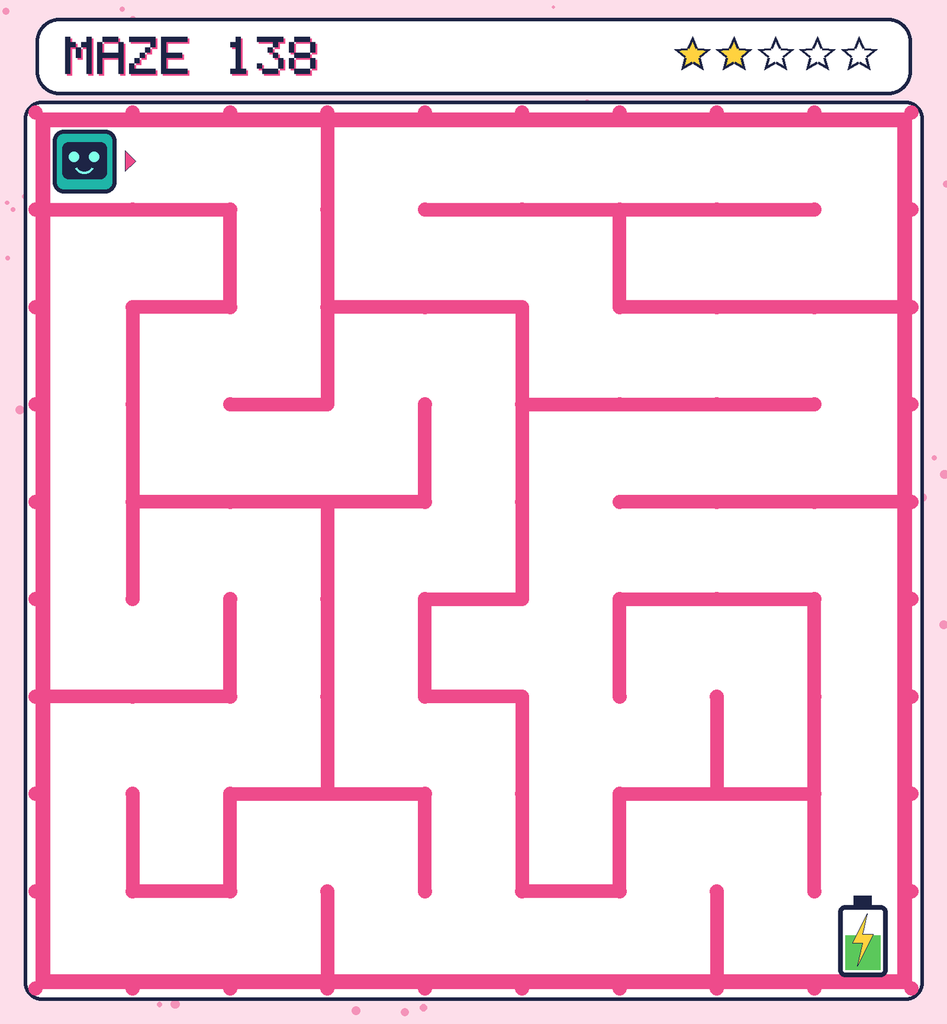 Maze 138. Beep starts in the top-left corner. The battery is in the bottom-right corner.