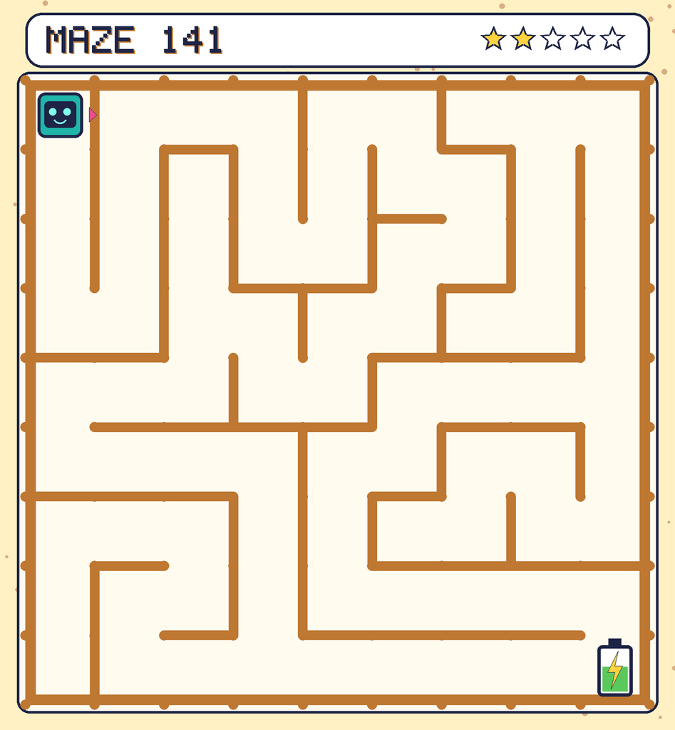 Maze 141. Beep starts in the top-left corner. The battery is in the bottom-right corner.