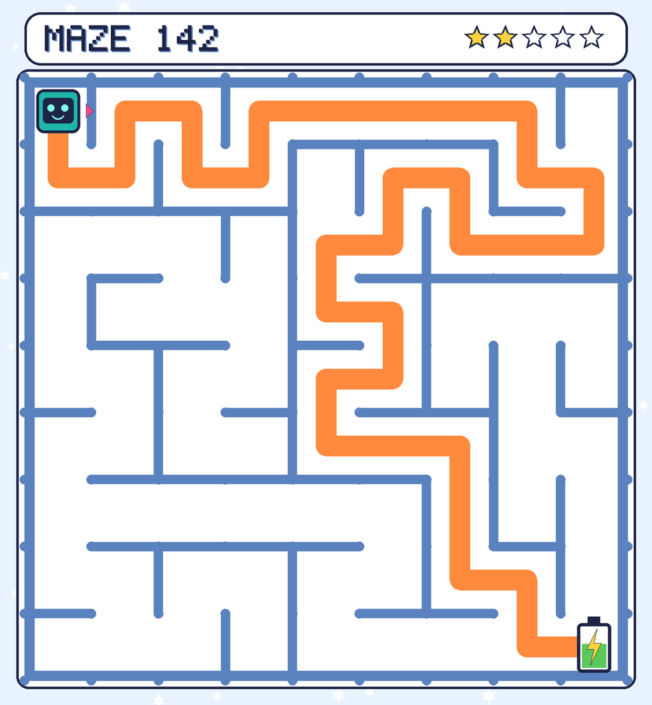 The solved maze 142 with the route drawn as an orange line.