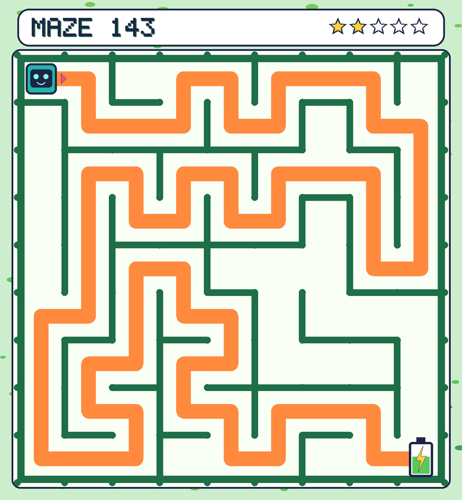 The solved maze 143 with the route drawn as an orange line.