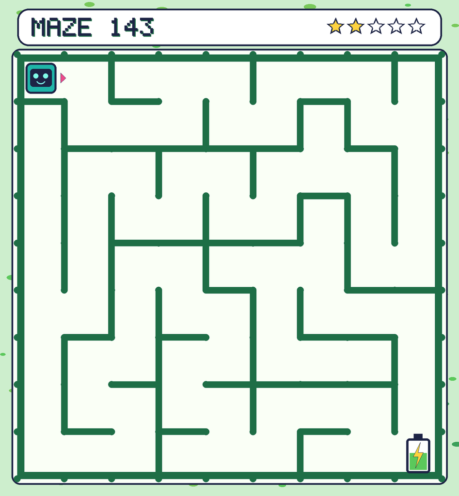 Maze 143. Beep starts in the top-left corner. The battery is in the bottom-right corner.