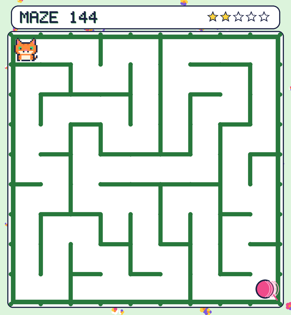 Maze 144. Pixel starts in the top-left corner. The ball of yarn is in the bottom-right corner.