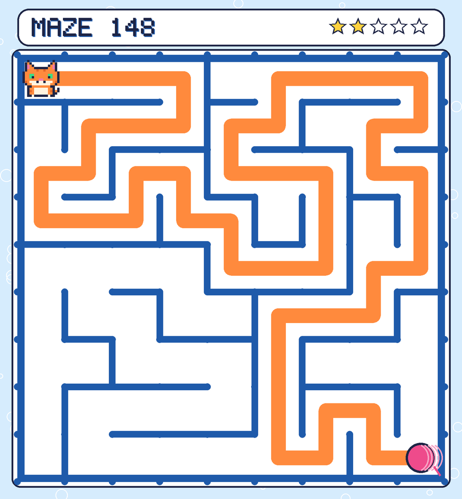 The solved maze 148 with the route drawn as an orange line.
