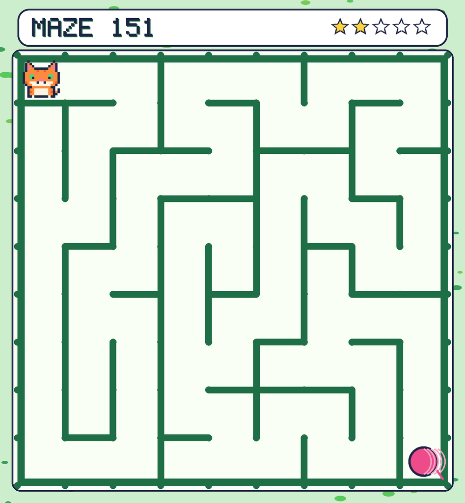 Maze 151. Pixel starts in the top-left corner. The ball of yarn is in the bottom-right corner.