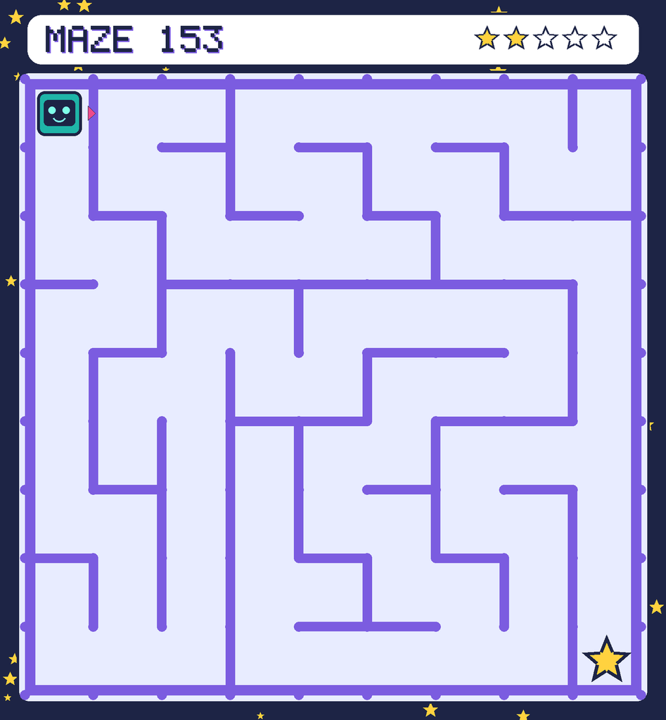 Maze 153. Beep starts in the top-left corner. The gold star is in the bottom-right corner.