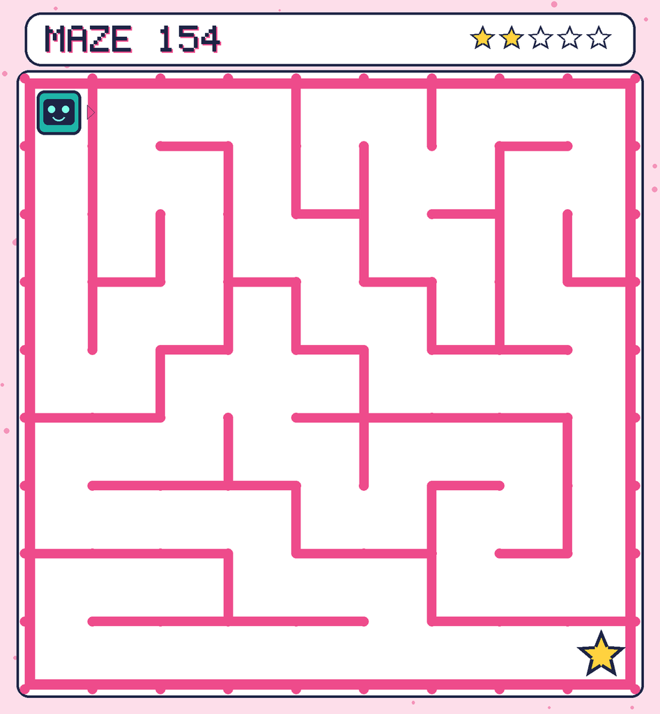 Maze 154. Beep starts in the top-left corner. The gold star is in the bottom-right corner.