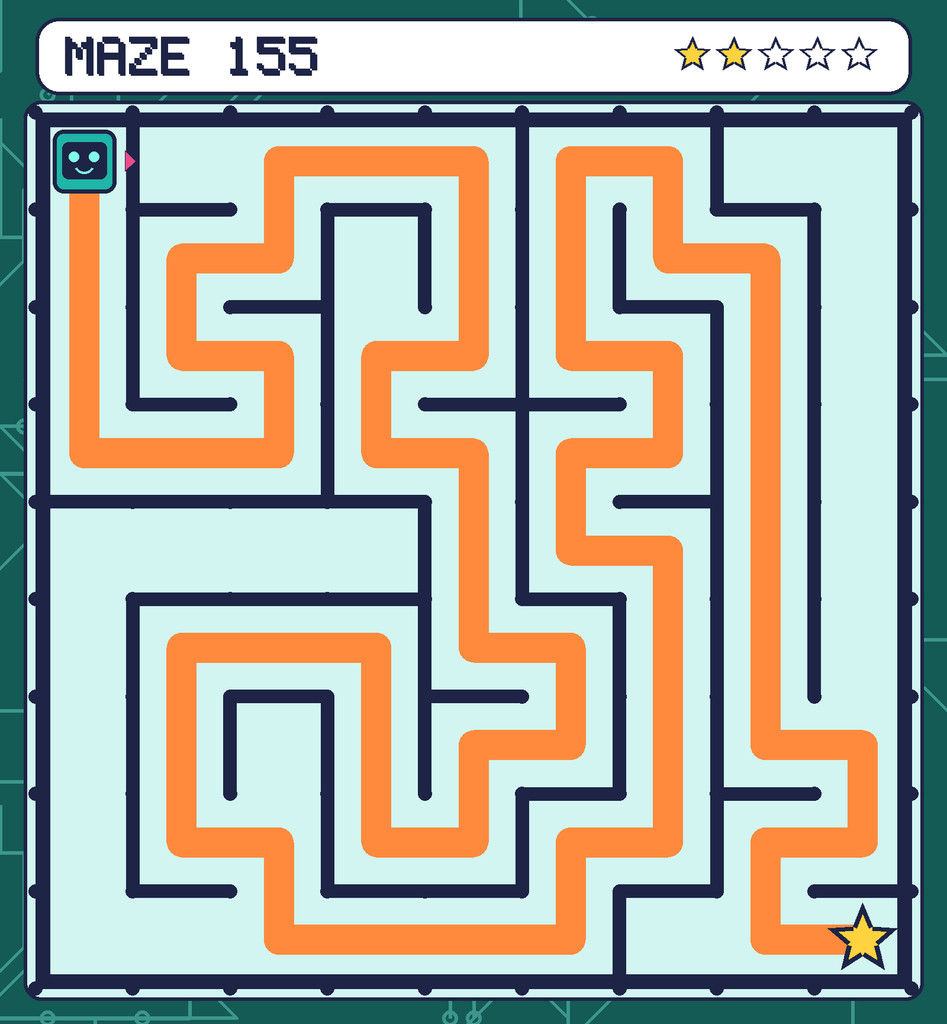 The solved maze 155 with the route drawn as an orange line.