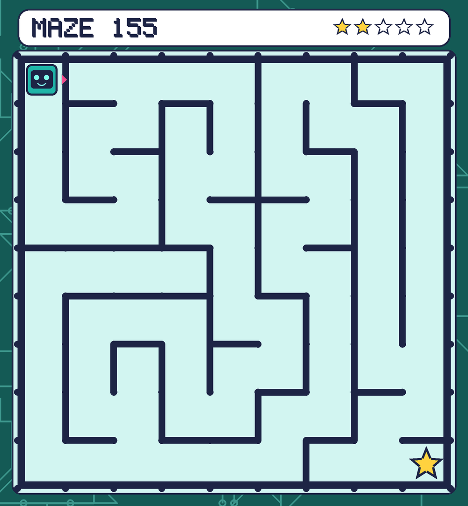 Maze 155. Beep starts in the top-left corner. The gold star is in the bottom-right corner.