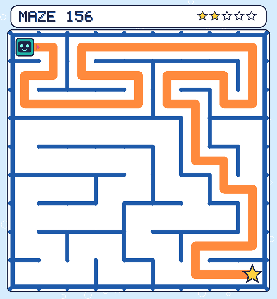 The solved maze 156 with the route drawn as an orange line.