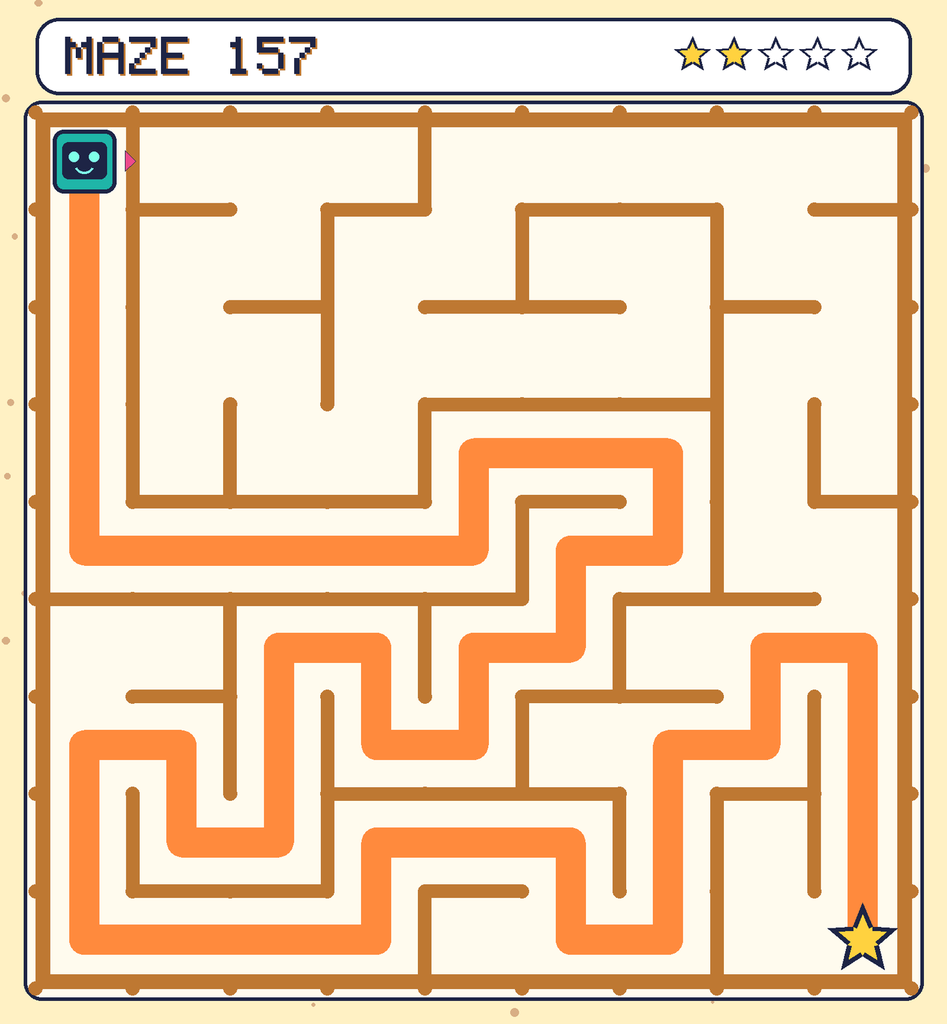 The solved maze 157 with the route drawn as an orange line.