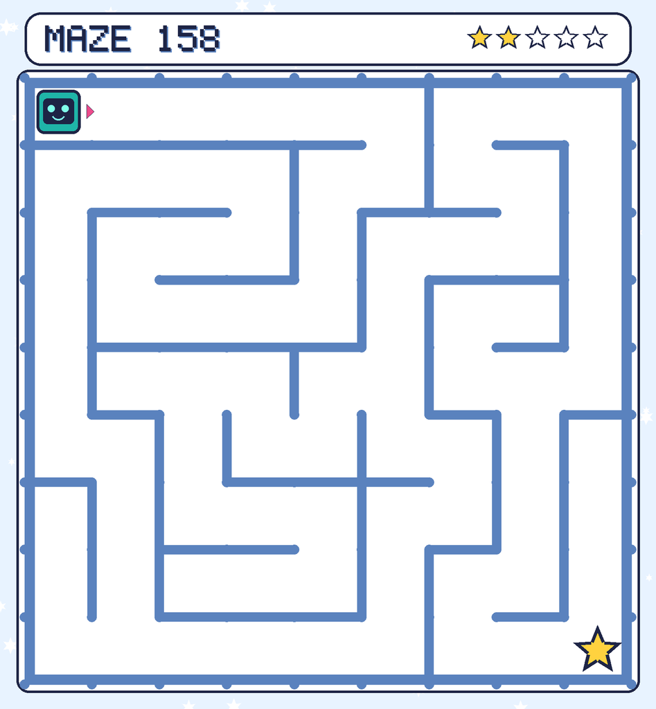 Maze 158. Beep starts in the top-left corner. The gold star is in the bottom-right corner.