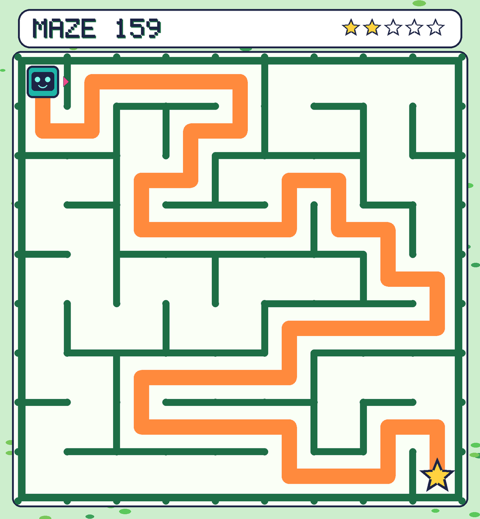 The solved maze 159 with the route drawn as an orange line.