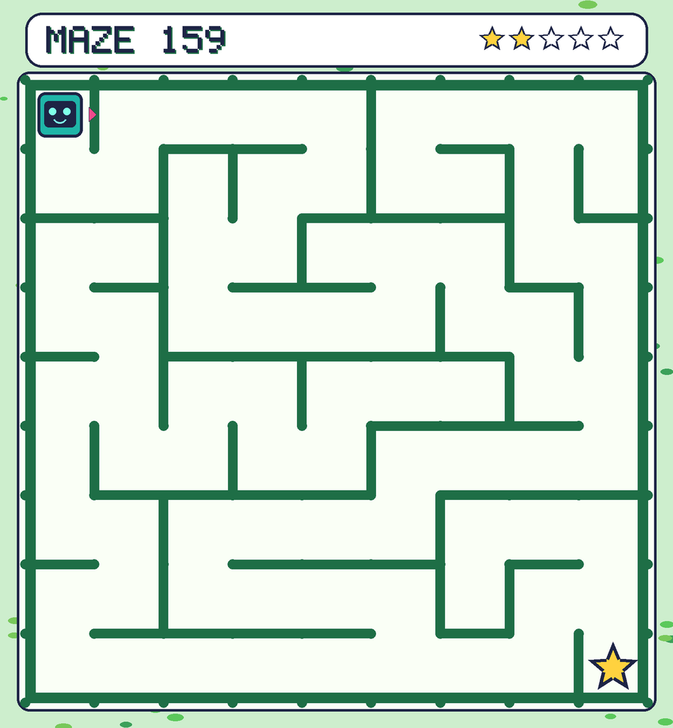 Maze 159. Beep starts in the top-left corner. The gold star is in the bottom-right corner.