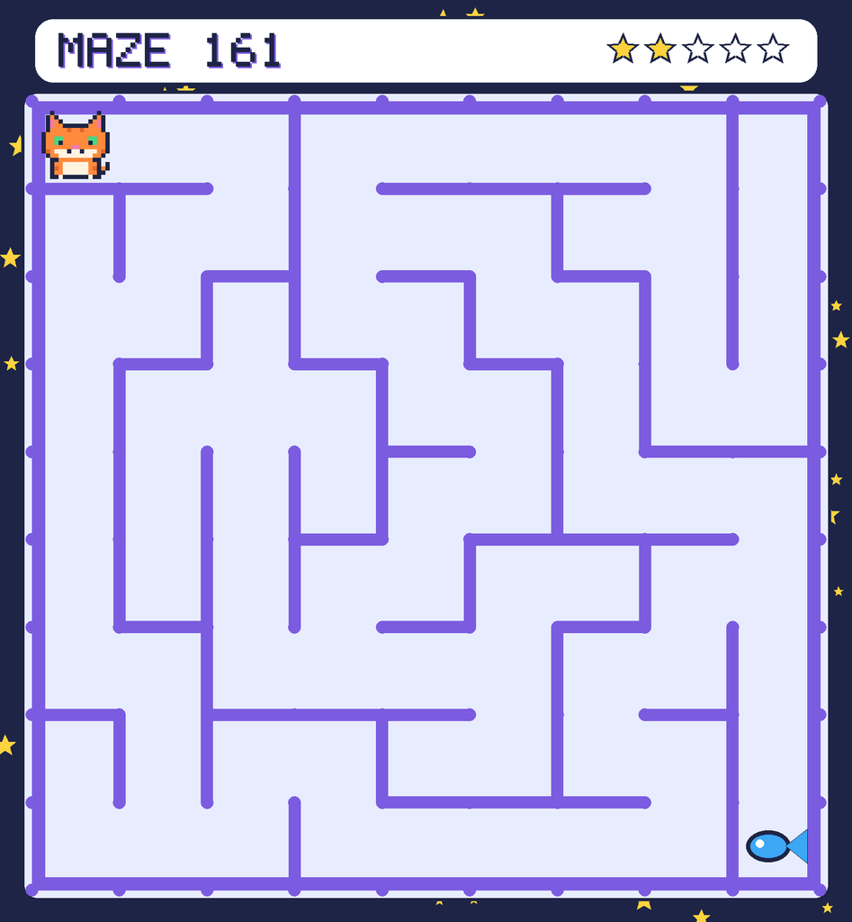Maze 161. Pixel starts in the top-left corner. The fish is in the bottom-right corner.