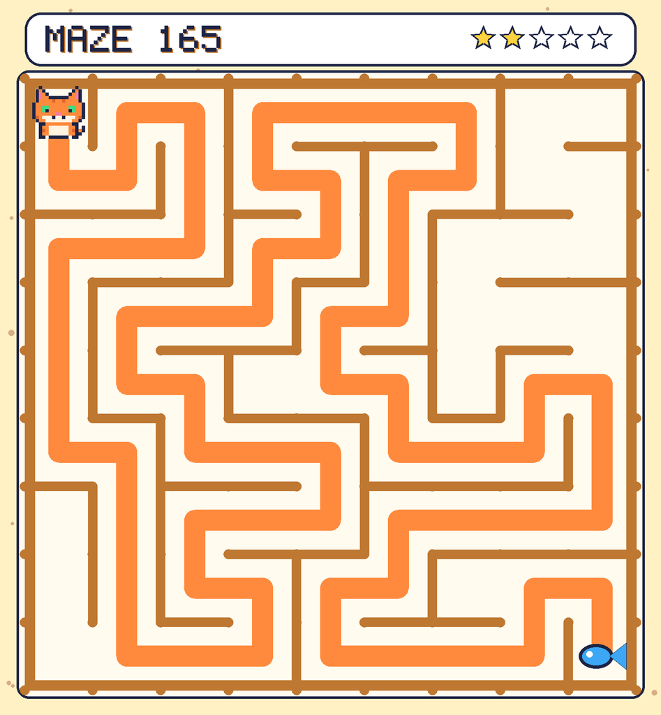 The solved maze 165 with the route drawn as an orange line.