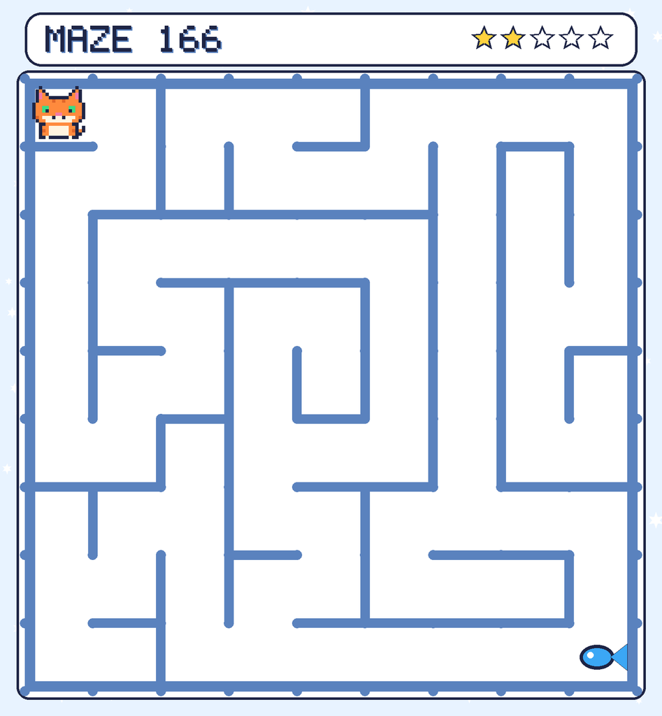 Maze 166. Pixel starts in the top-left corner. The fish is in the bottom-right corner.