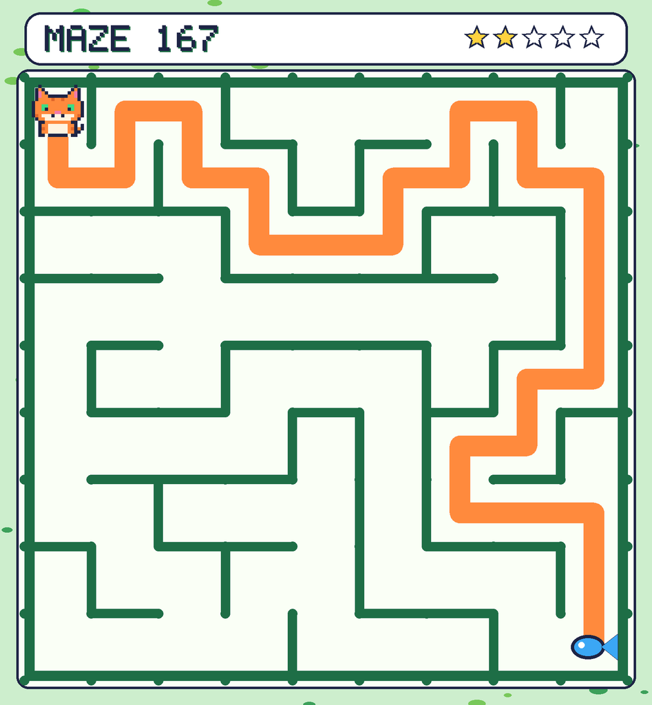 The solved maze 167 with the route drawn as an orange line.