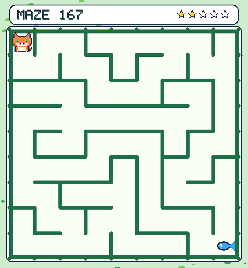 Maze 167. Pixel starts in the top-left corner. The fish is in the bottom-right corner.