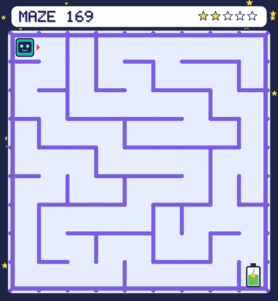 Maze 169. Beep starts in the top-left corner. The battery is in the bottom-right corner.
