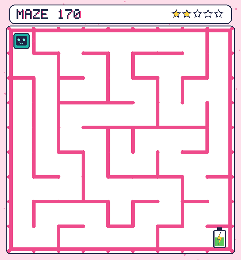 Maze 170. Beep starts in the top-left corner. The battery is in the bottom-right corner.