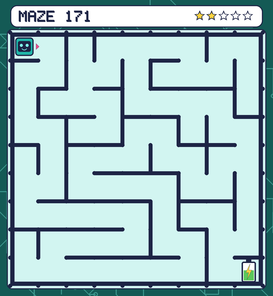 Maze 171. Beep starts in the top-left corner. The battery is in the bottom-right corner.