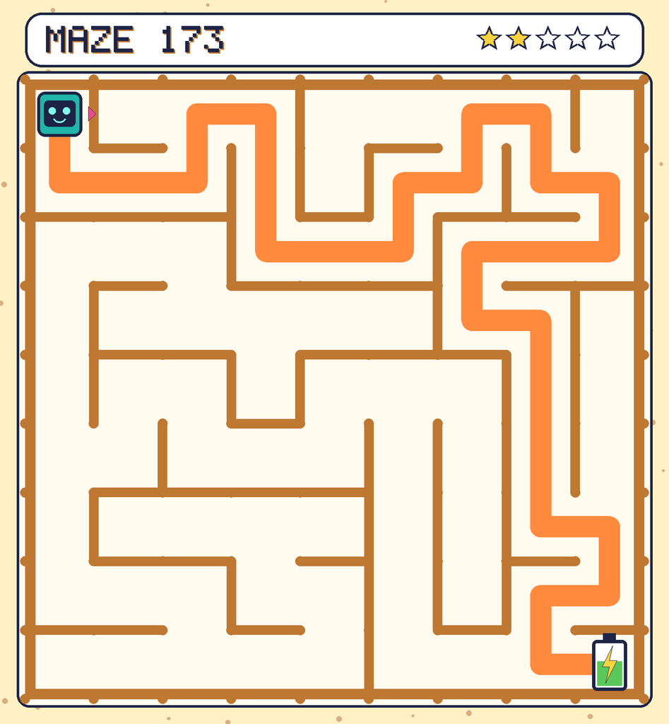The solved maze 173 with the route drawn as an orange line.