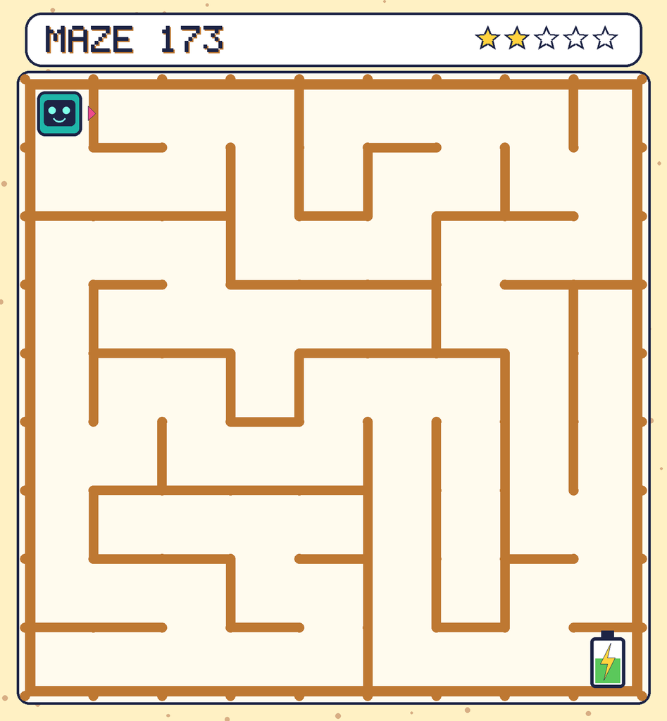 Maze 173. Beep starts in the top-left corner. The battery is in the bottom-right corner.