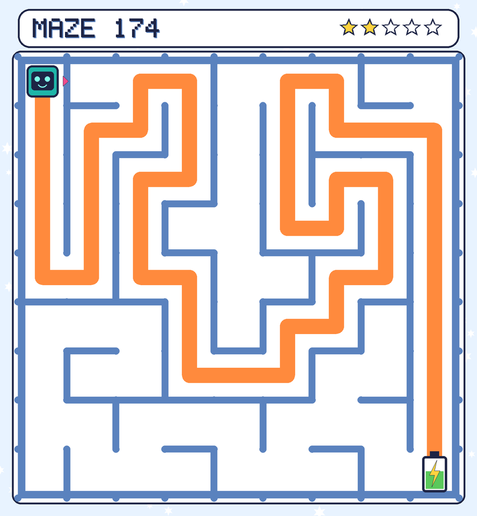 The solved maze 174 with the route drawn as an orange line.