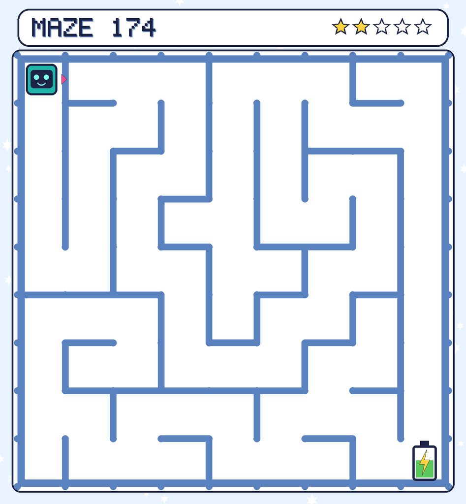 Maze 174. Beep starts in the top-left corner. The battery is in the bottom-right corner.
