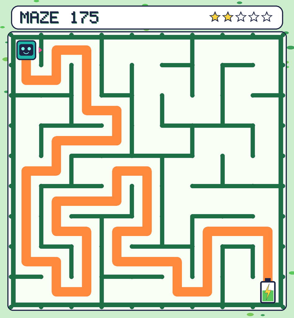 The solved maze 175 with the route drawn as an orange line.
