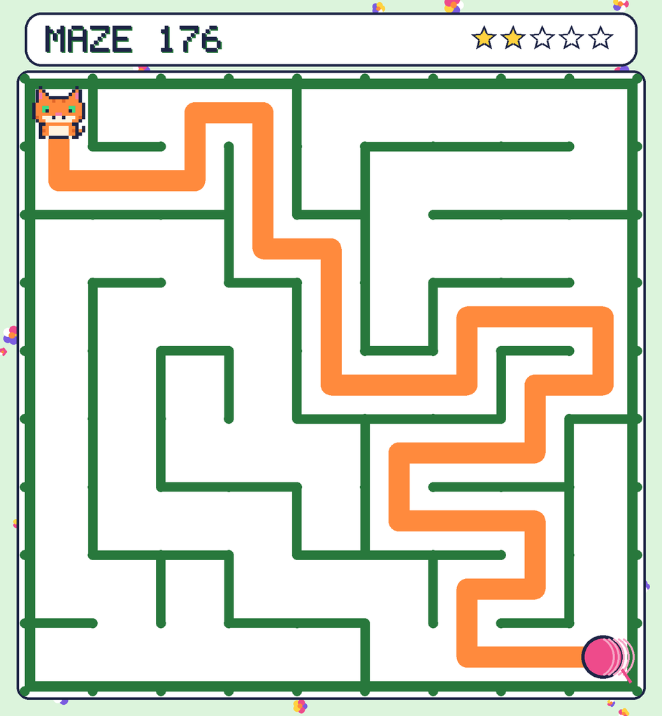 The solved maze 176 with the route drawn as an orange line.