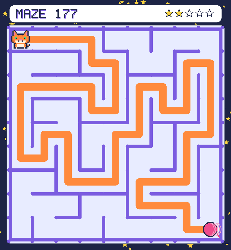 The solved maze 177 with the route drawn as an orange line.