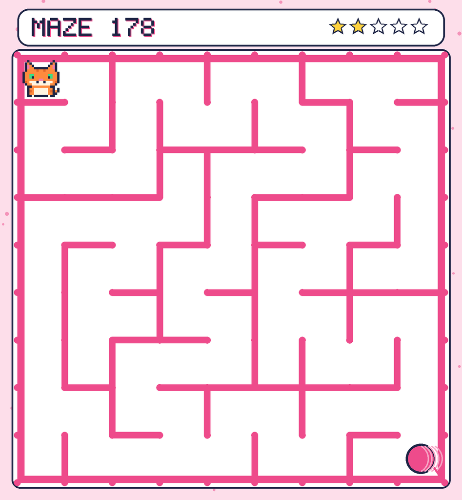 Maze 178. Pixel starts in the top-left corner. The ball of yarn is in the bottom-right corner.