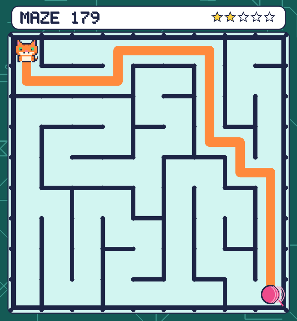 The solved maze 179 with the route drawn as an orange line.