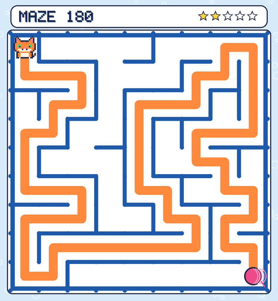 The solved maze 180 with the route drawn as an orange line.