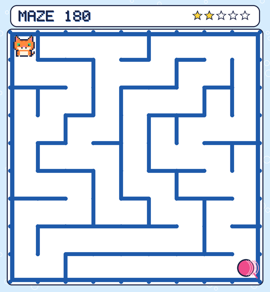 Maze 180. Pixel starts in the top-left corner. The ball of yarn is in the bottom-right corner.