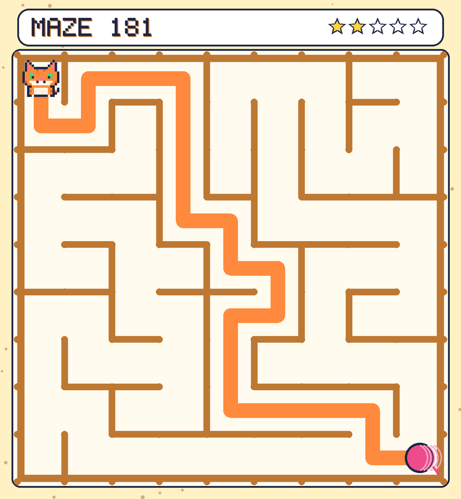 The solved maze 181 with the route drawn as an orange line.