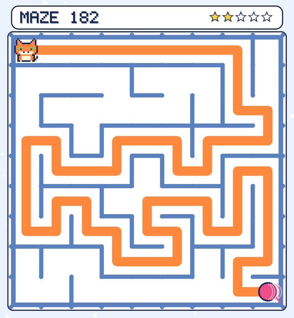 The solved maze 182 with the route drawn as an orange line.