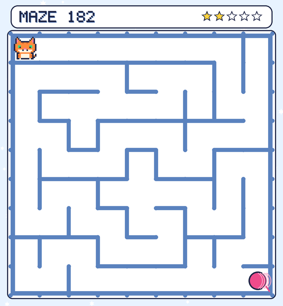 Maze 182. Pixel starts in the top-left corner. The ball of yarn is in the bottom-right corner.