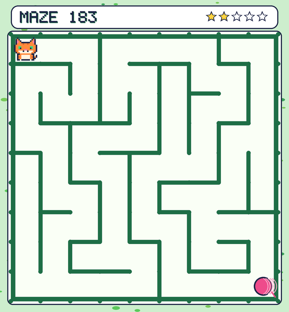 Maze 183. Pixel starts in the top-left corner. The ball of yarn is in the bottom-right corner.