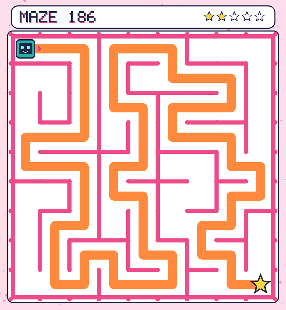 The solved maze 186 with the route drawn as an orange line.