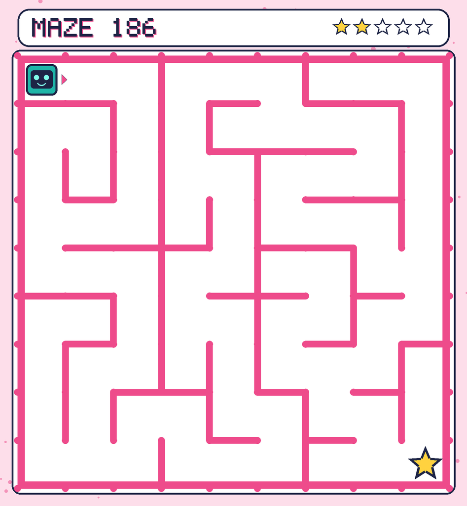 Maze 186. Beep starts in the top-left corner. The gold star is in the bottom-right corner.