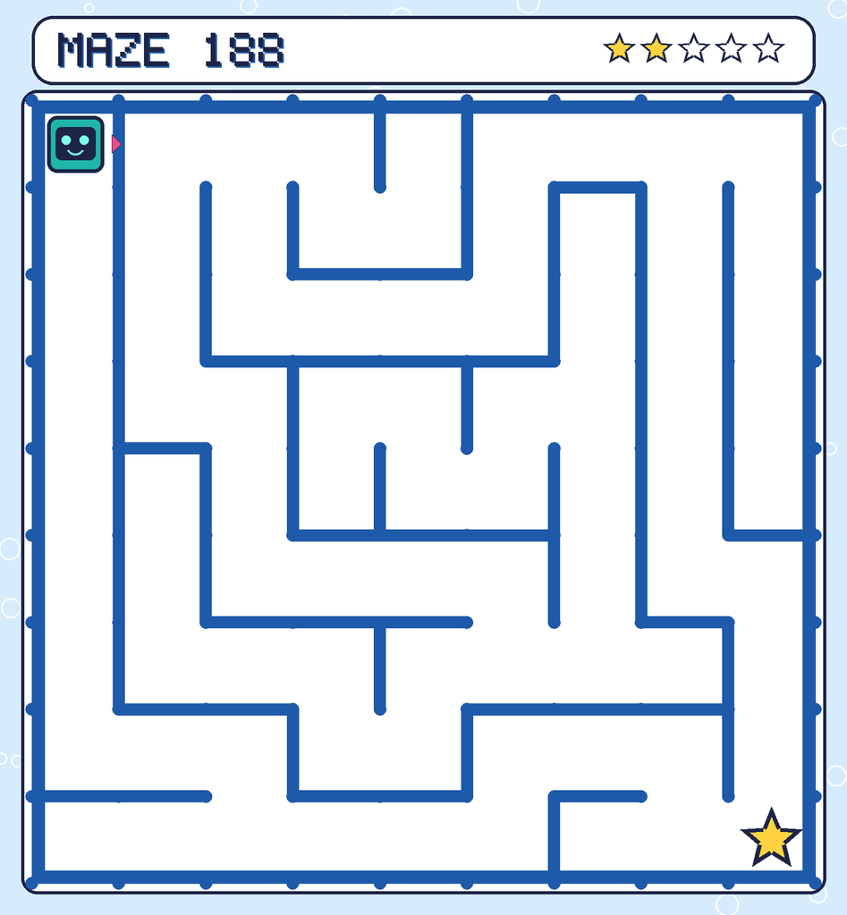 Maze 188. Beep starts in the top-left corner. The gold star is in the bottom-right corner.