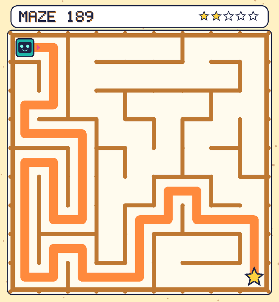 The solved maze 189 with the route drawn as an orange line.