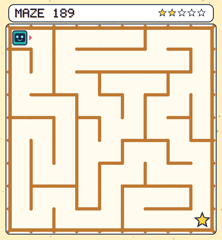 Maze 189. Beep starts in the top-left corner. The gold star is in the bottom-right corner.