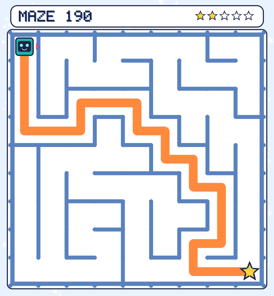 The solved maze 190 with the route drawn as an orange line.