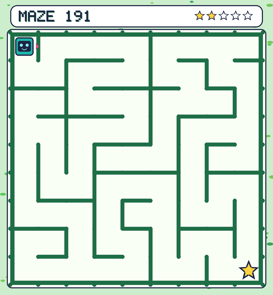 Maze 191. Beep starts in the top-left corner. The gold star is in the bottom-right corner.