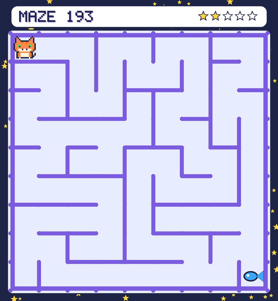 Maze 193. Pixel starts in the top-left corner. The fish is in the bottom-right corner.