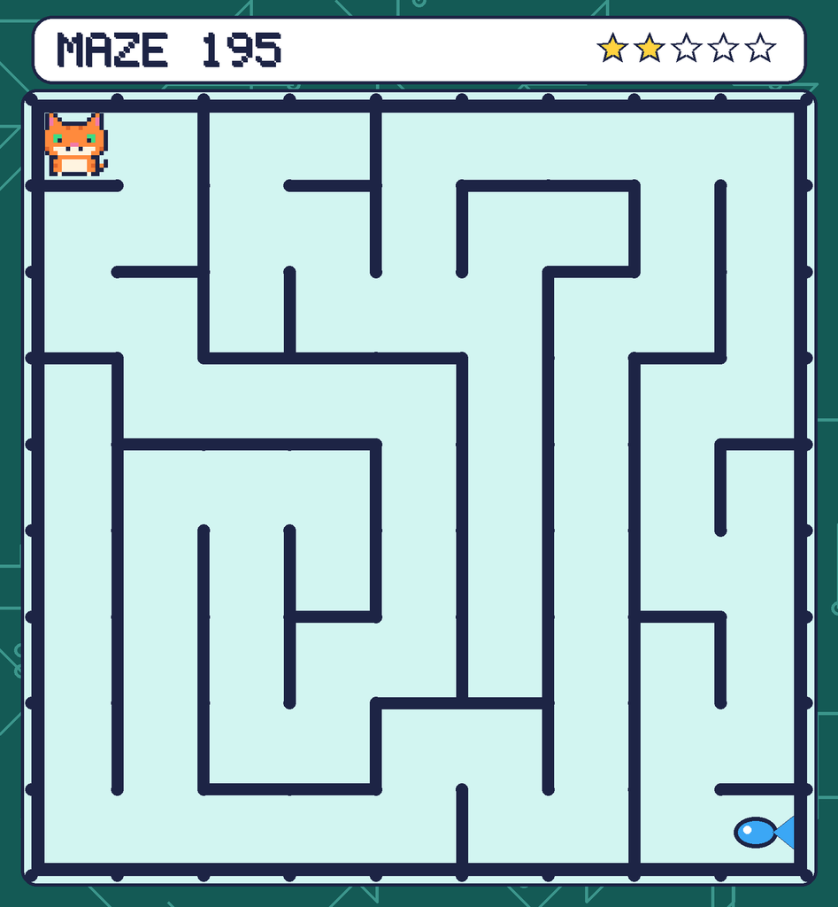 Maze 195. Pixel starts in the top-left corner. The fish is in the bottom-right corner.